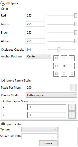 Properties displayed for a Sprite entity