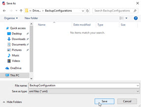 This shows browsing and saving the Configuration in the opened Windows File Explorer