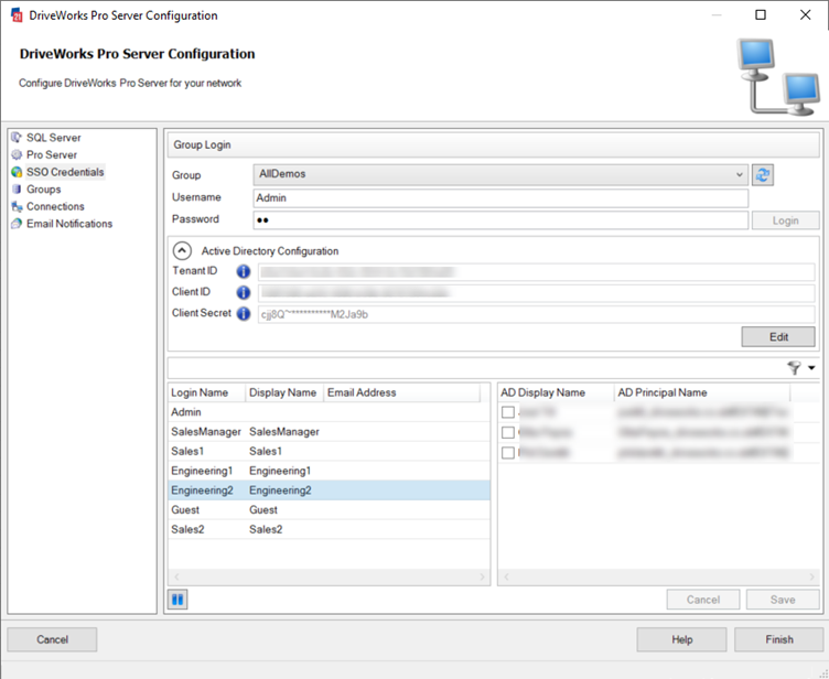 SSO Credentials dialog in DriveWorks Pro Server Configuration